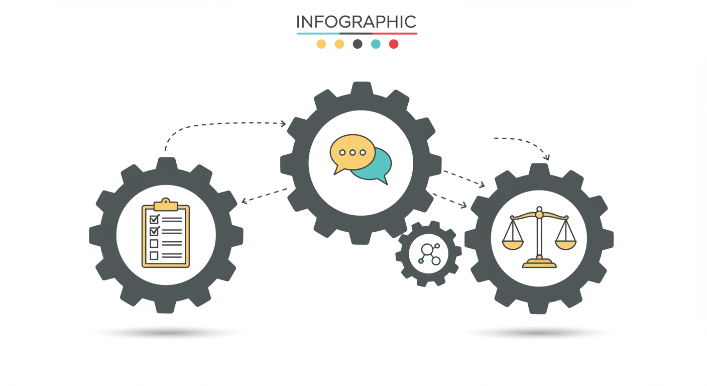 톱니바퀴 3개가 맞물리며 프로세스·소통·공정성을 상징하는 심볼이 들어간 인포그래픽, 한국 분위기 반영 1