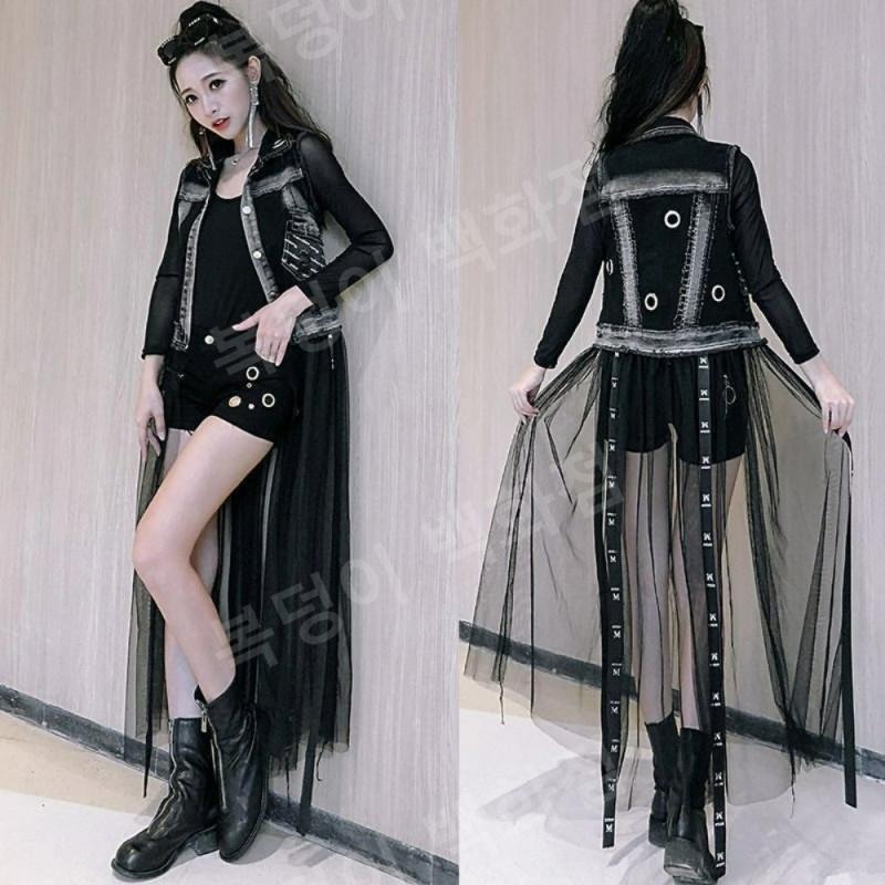 공연복 의상 스팽클 무용 재즈 댄스 데님 긴 술 조끼 바지