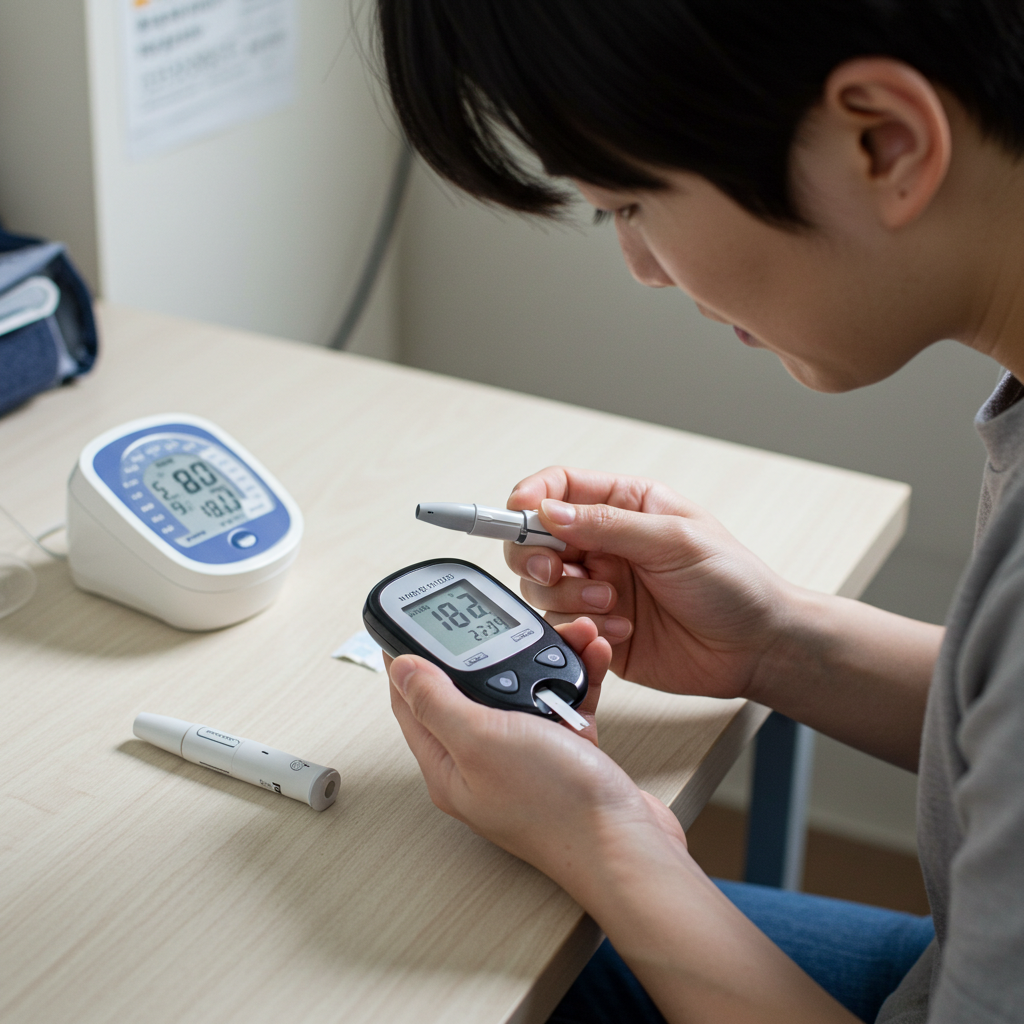 혈당을 체크하고 있는 사진