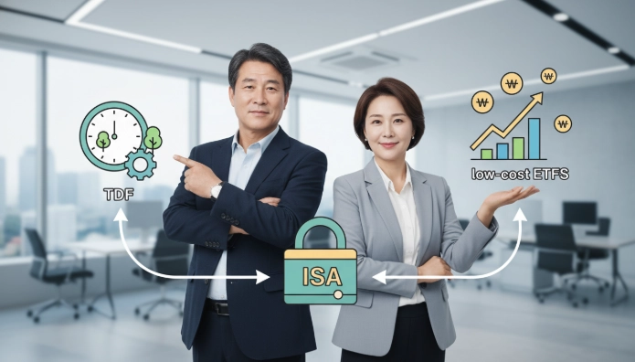 4050 한국인 남녀가 TDF, ETF, ISA 등 다양한 투자 아이콘 앞에서 현명하게 자산을 관리하는 모습