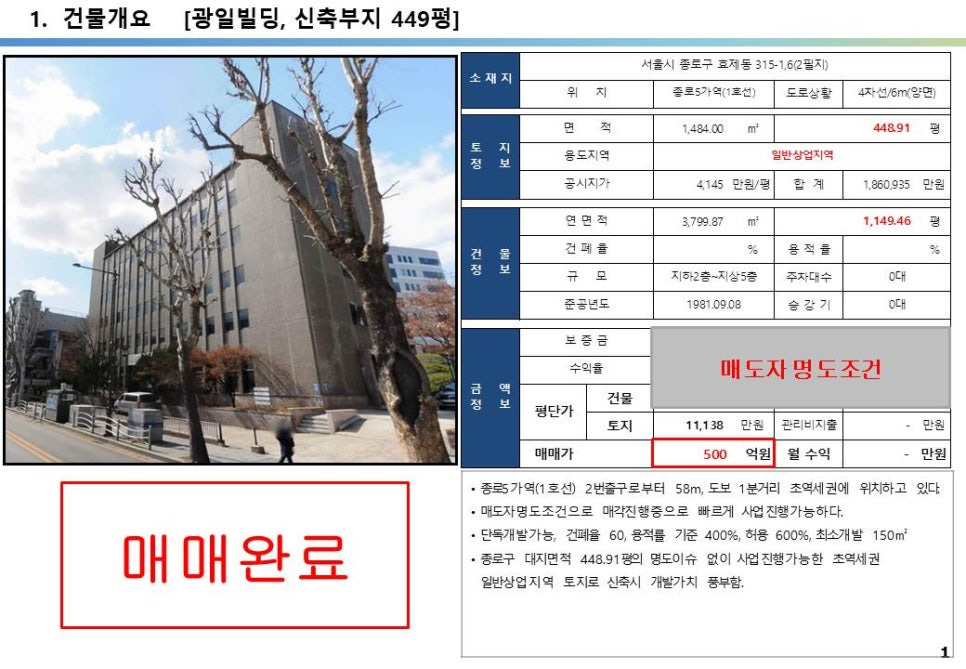 종로5가역 일반상업지역 500억 신축부지 투자사례 분석