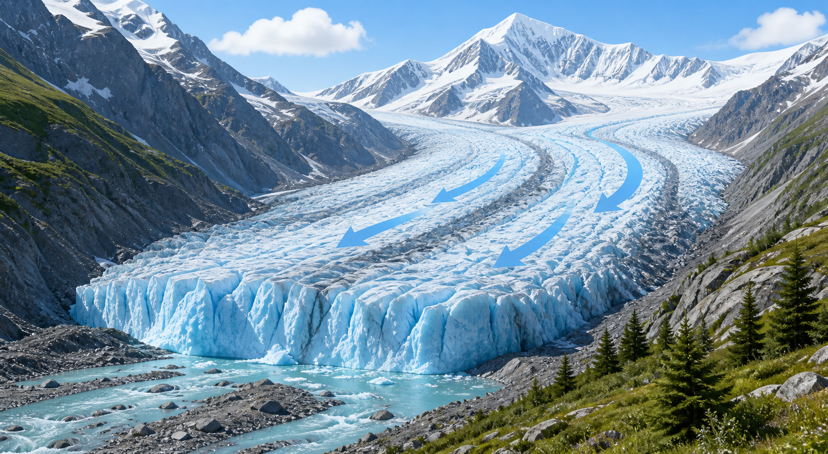 Educational illustration of a glacier moving through a mountain valley