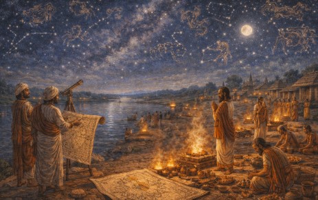 고대 인도 간지스강 유역에서 천문학자가 별과 달의 움직임을 관측하고 있다.