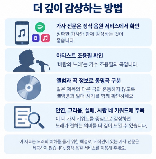 조용필 바람의 노래 가사를 정식 음원 서비스에서 확인하고 의미를 읽는 방법을 보여주는 이미지