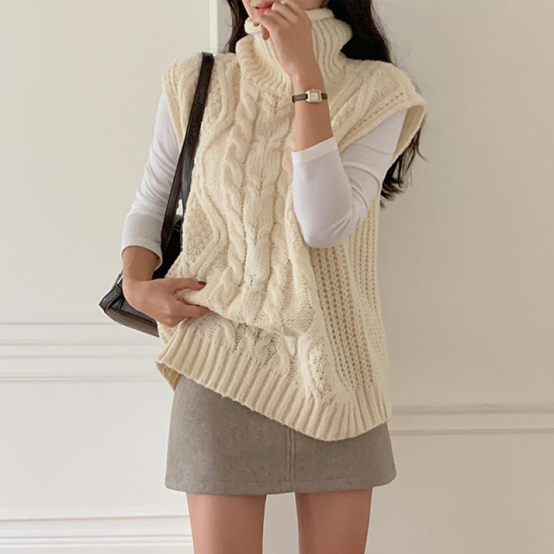 삐까삐까 루즈핏 피셔 꽈배기 패턴 터틀넥 폴라 롱 니트 조끼