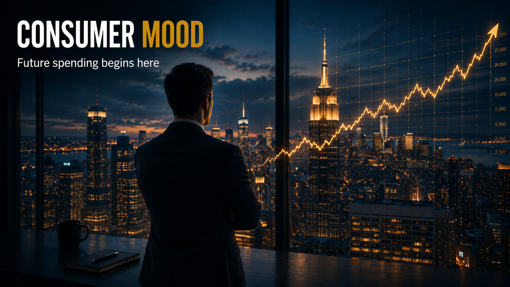 Investor analyzing consumer sentiment and future economic trends from a city skyline office.