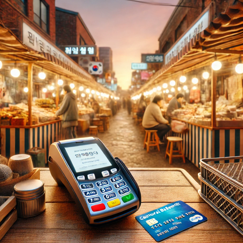 저녁 시간 전통시장에서 문화누리카드가 결제 단말기 옆에 놓여 있는 모습. 시장 통로 양쪽에 점포들이 조명 아래 활기를 띠고 있음.