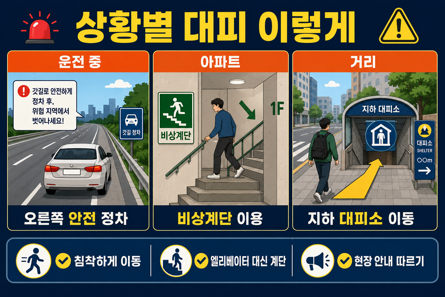 운전 중 아파트 거리에서 공습경보가 울렸을 때 상황별 대피 행동요령