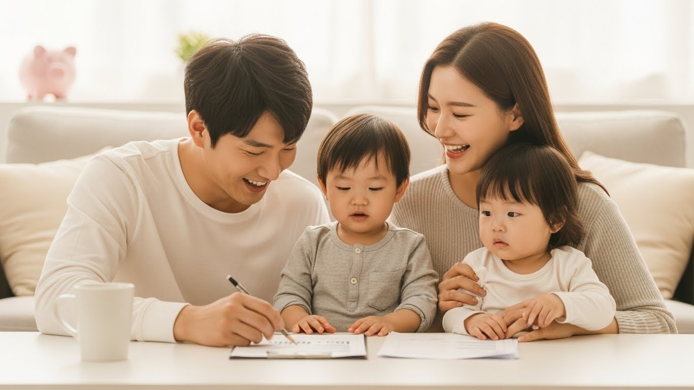 2026년 육아수당 확정 소식을 듣고 행복하게 웃는 부모와 아이들이 집에서 함께 노는 모습