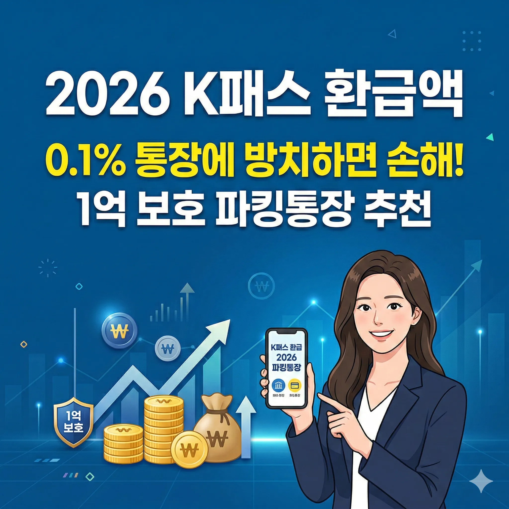 2026 K패스 환급액 0.1퍼센트 통장 방치 경고 및 1억 원 보호 파킹통장을 추천하는 썸네일 이미지
