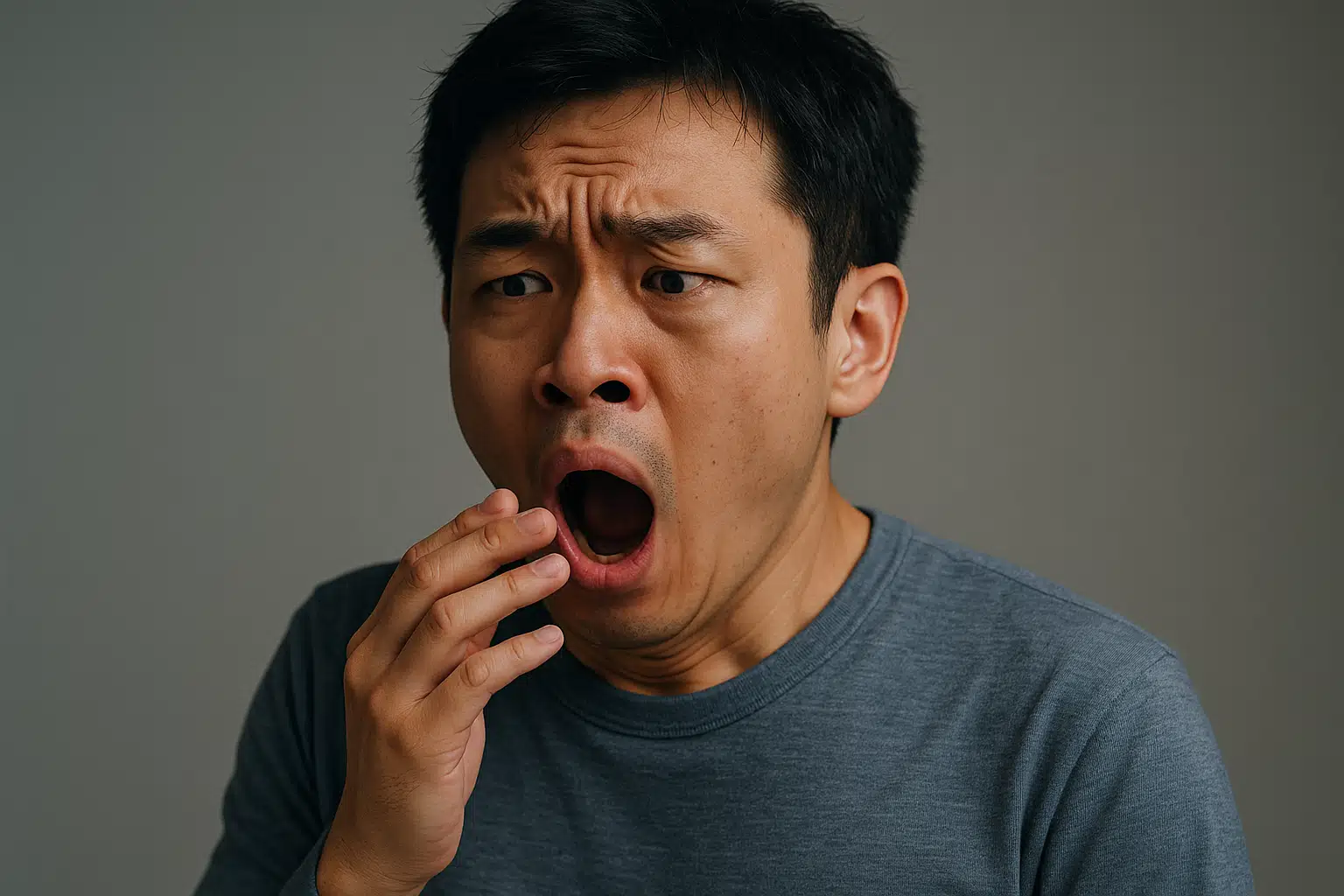 스트레스로 잦은 하품을 하는 사람, 불안한 표정과 함께 얕은 호흡