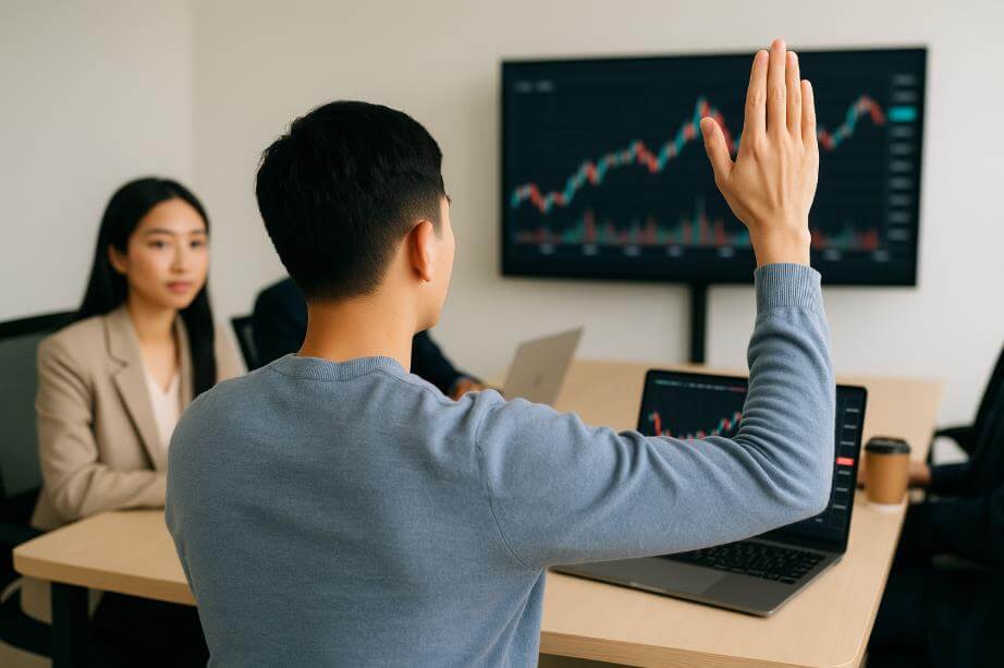 회의실에서 청년이 손을 들어 질문하는 장면.