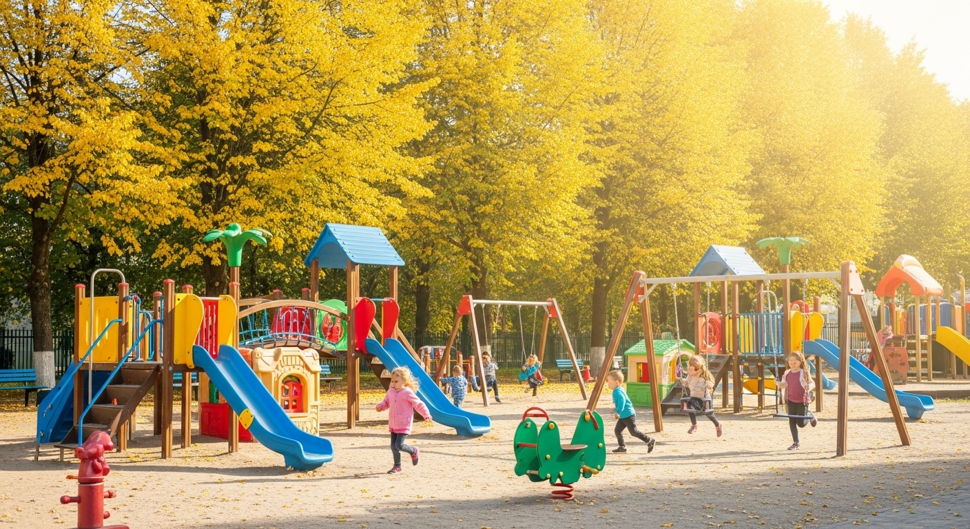가을 단풍이 든 나무들이 배경에 있는 밝고 넓은 야외 놀이터에서 여러 명의 아이들이 미끄럼틀, 그네, 흔들 놀이기구 등 다양한 놀이기구를 타며 활기차게 놀고 있는 모습. 노란색 잎사귀들과 햇빛이 따뜻한 분위기를 연출합니다.