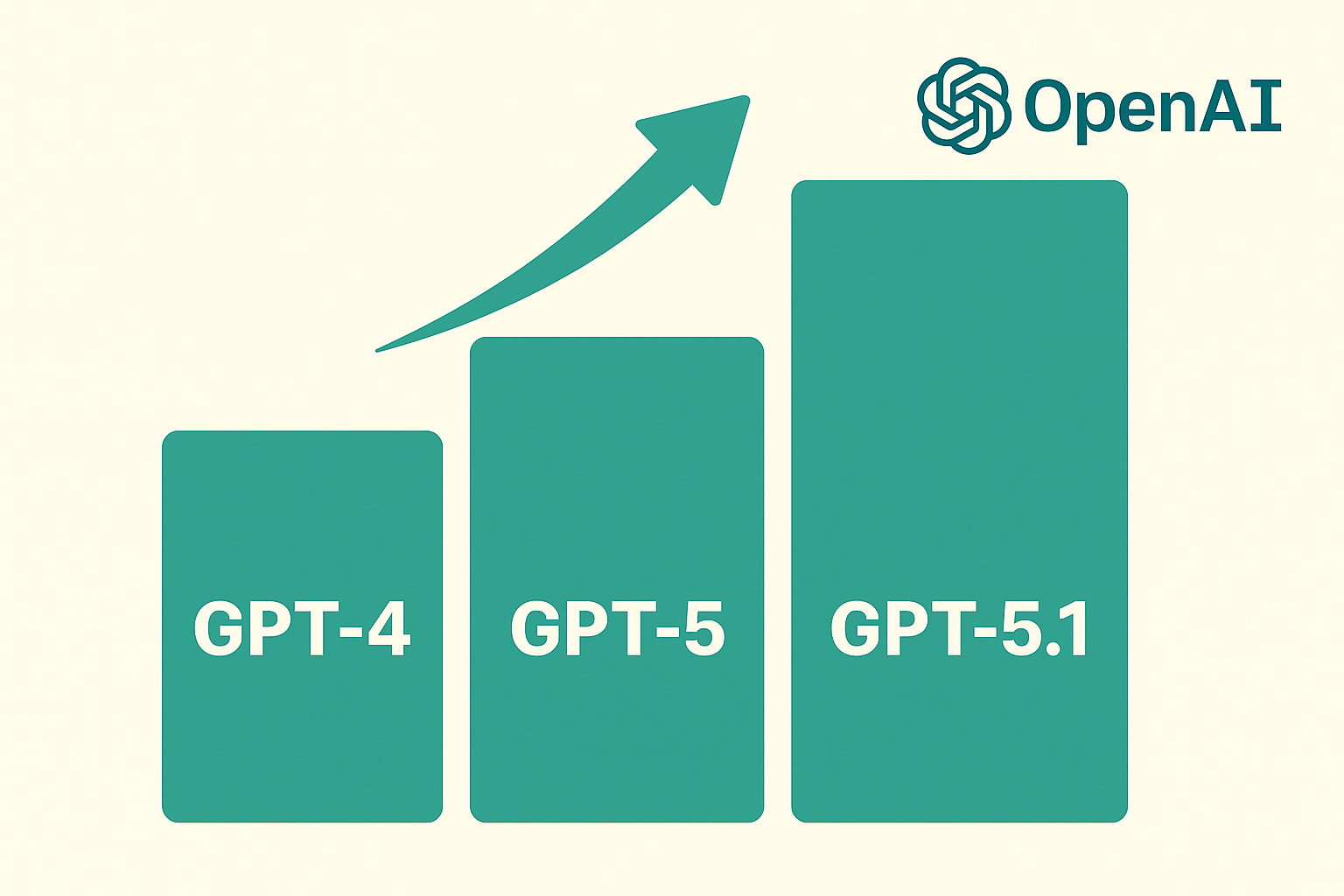 “GPT-5.1, GPT-5, GPT-4 비교를 상징적으로 표현한 민트색 배경의 심플한 AI 일러스트 이미지”
