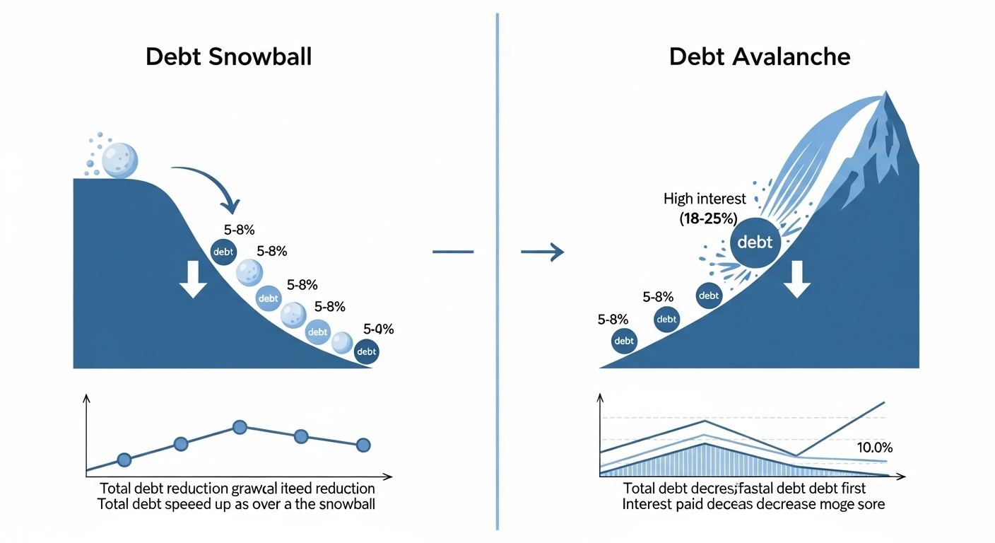 눈덩이 방식과 폭포수 방식의 부채 상환 전략을 비교하는 인포그래픽 이미지. 작은 눈덩이가 커지는 모습과 높은 곳에서 떨어지는 눈사태가 고금리 부채를 상징합니다.
