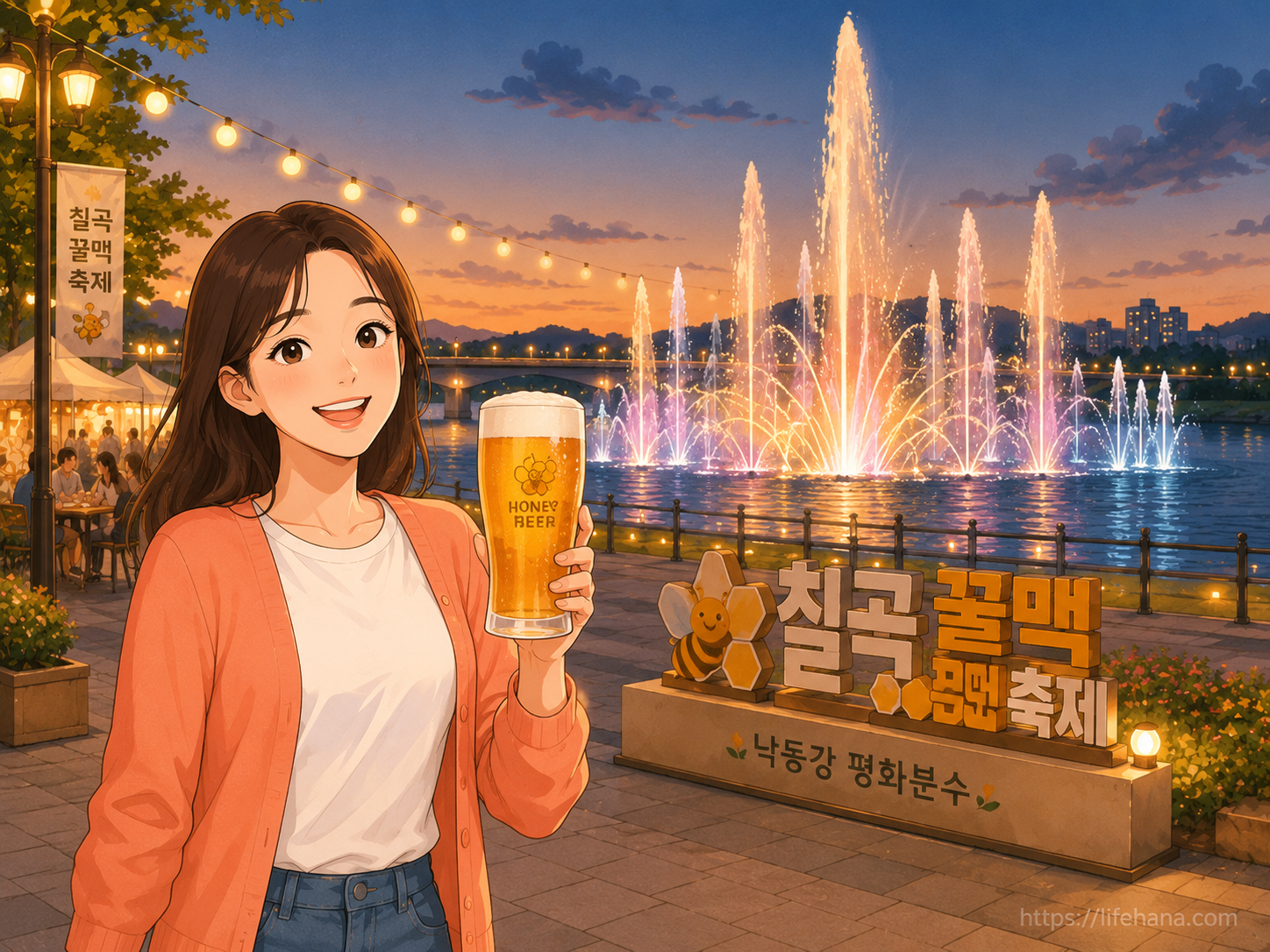 화려한 음악 분수가 춤추는 야외 광장에서 수제 맥주 잔을 들고 미소 짓는 주인공의 모습