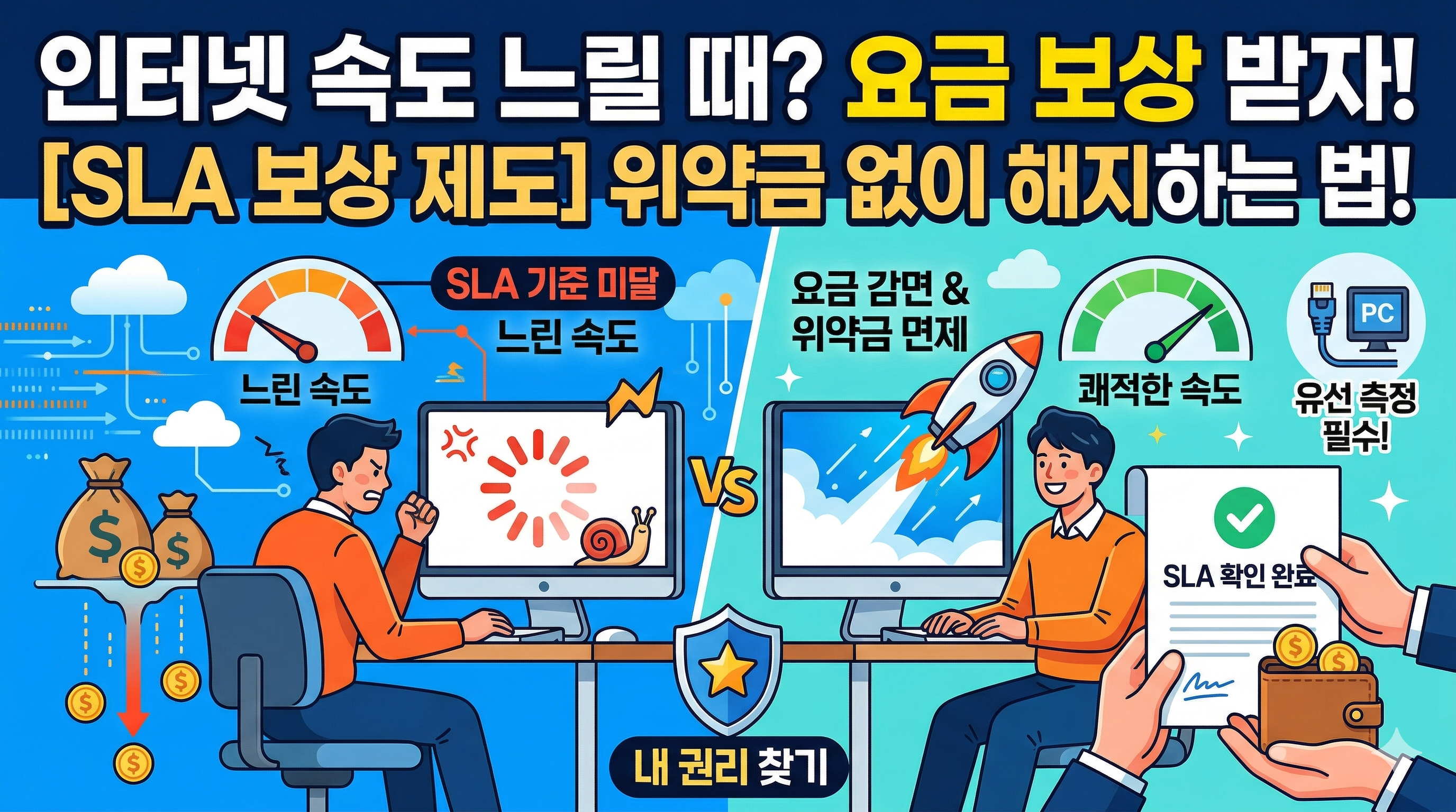 인터넷 속도 저하 시 SLA 보상 제도를 통해 요금 감면 및 위약금 없는 해지 방법을 안내하는 인포그래픽입니다. 느린 인터넷으로 인해 요금이 낭비되는 상황과 속도 측정 후 정당한 보상을 받아 쾌적해진 상황을 대조적으로 보여주며 사용자의 권리 찾기를 강조합니다. '유선 측정 필수'와 같은 실무적인 팁과 함께 보상 절차를 시각적으로 요약하고 있습니다.