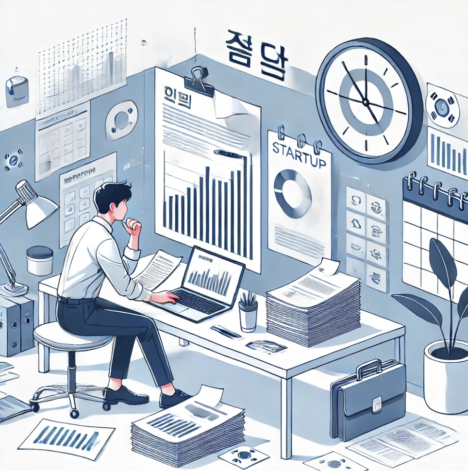 창업을 준비하며 문서를 분석하는 열정적인 청년의 모습