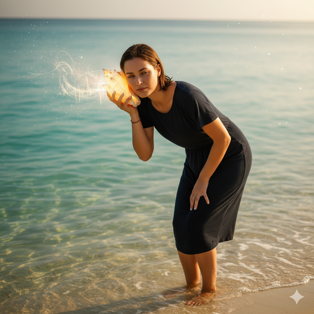 해변에서 여성이 빛나는 소라 껍데기(검색어)에 귀 기울이는 모습
