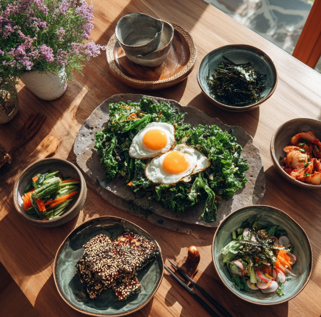 건강한 케일 밥상 계란과 함께