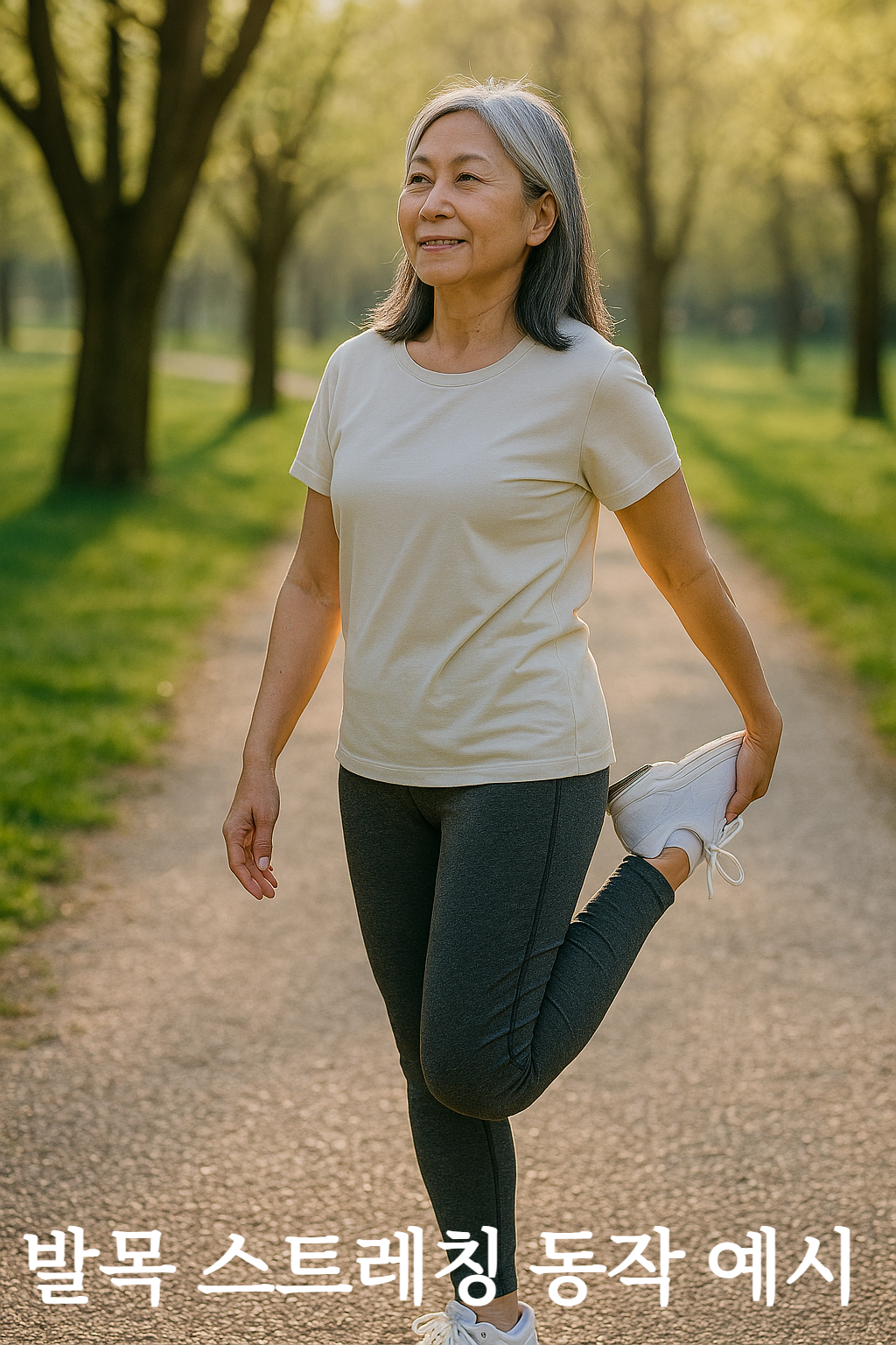 공원에서 서서 한 쪽 다리를 뒤로 당겨 발목 스트레칭 하는 여성