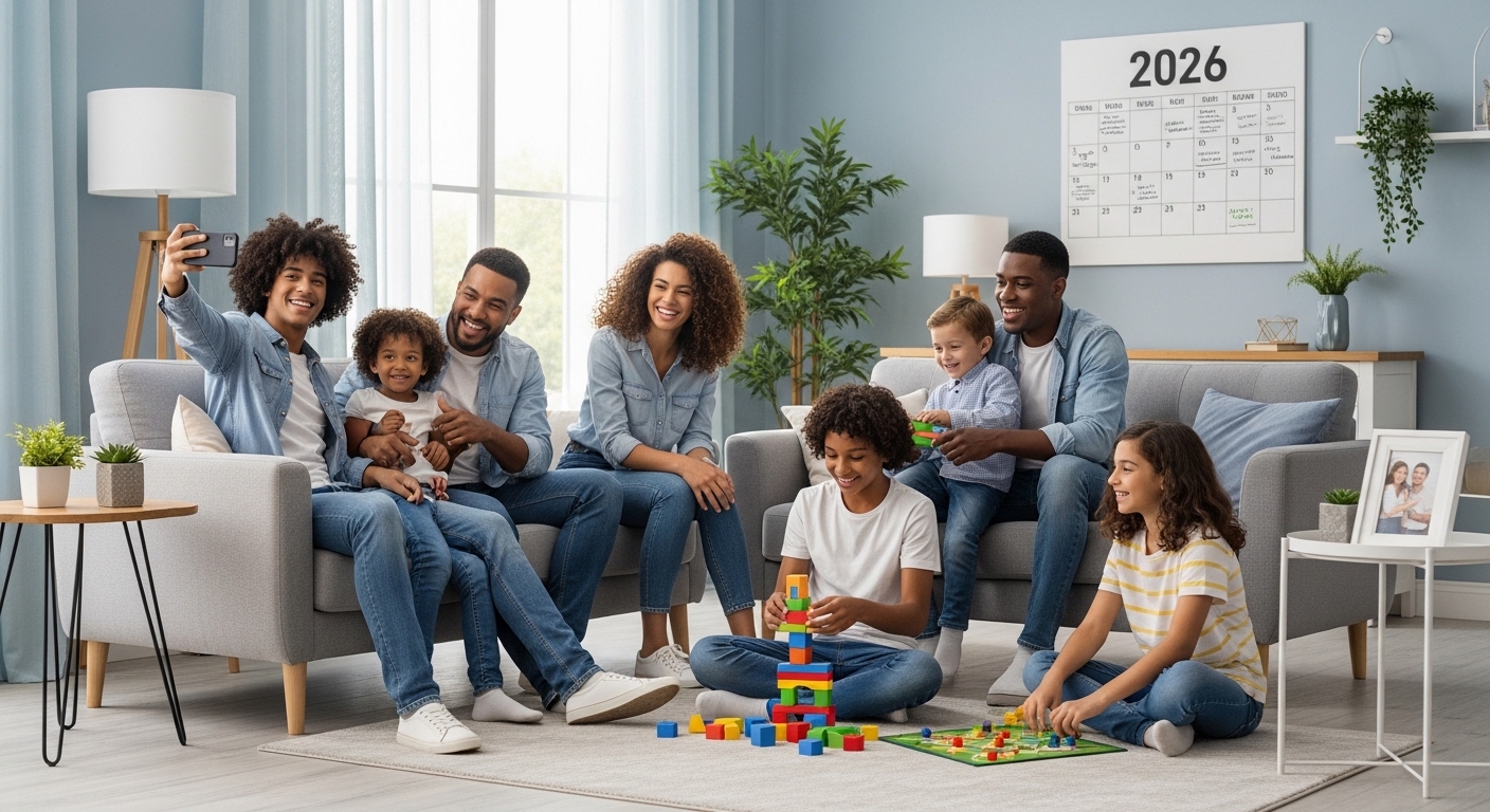 2026년 아동수당 및 계부모 양육 혜택 확대로 행복해진 재혼 가정의 모습. 다양한 구성원이 함께 웃으며 안정된 삶을 누리는 따뜻한 분위기.