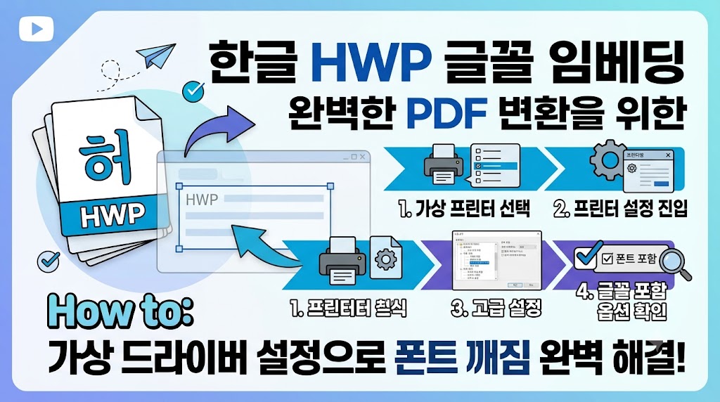 한글 프로그램 인쇄 메뉴에서 Hancom PDF 프린터 드라이버와 글꼴 포함 옵션을 선택하는 설정 창 화면