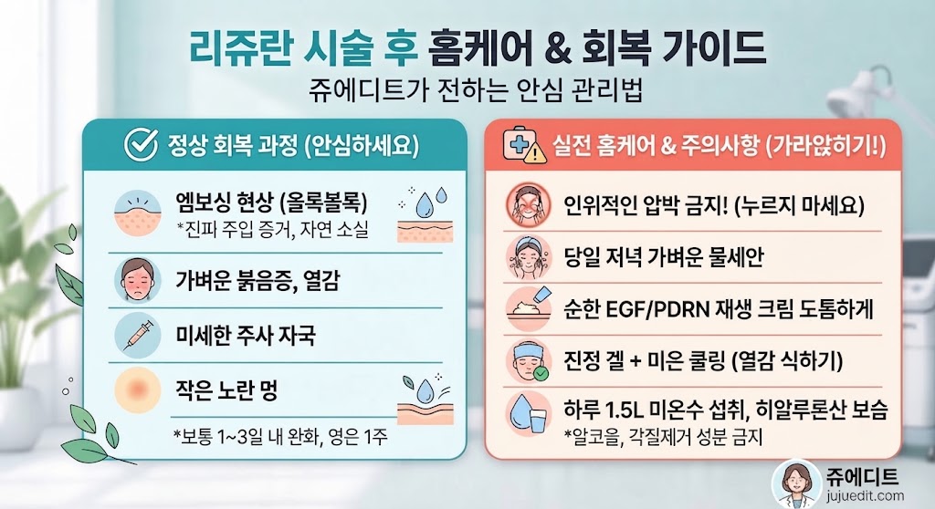 "리쥬란 시술 후 홈케어 & 회복 가이드" 제목 아래 정상 회복 과정(엠보싱, 붉음증)과 실전 홈케어 주의사항을 요약한 가이드 이미지입니다.