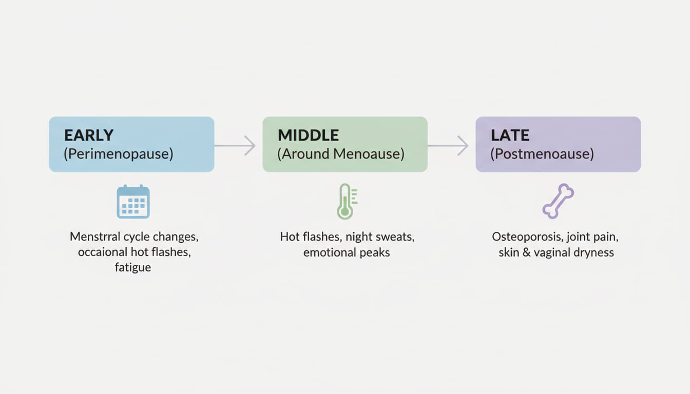 갱년기 타임라인·지속 기간 초기,중기,후기 흐름도
