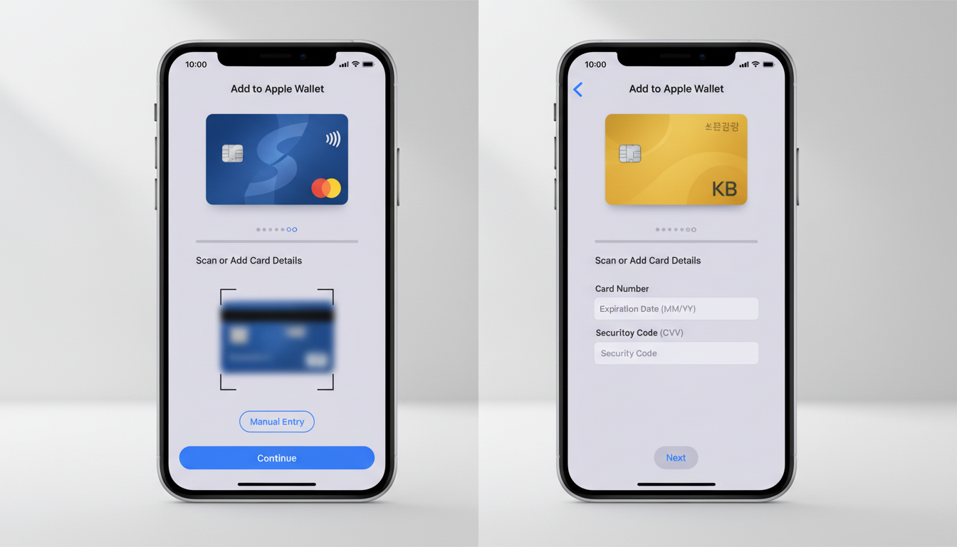 애플페이에 신한카드와 국민카드를 등록하는 단계별 과정.