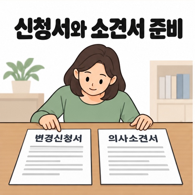 신청서와 소견서 준비 제목 아래 보호자가 변경신청서와 의사소견서를 책상에 나란히 놓고 확인하는 모습