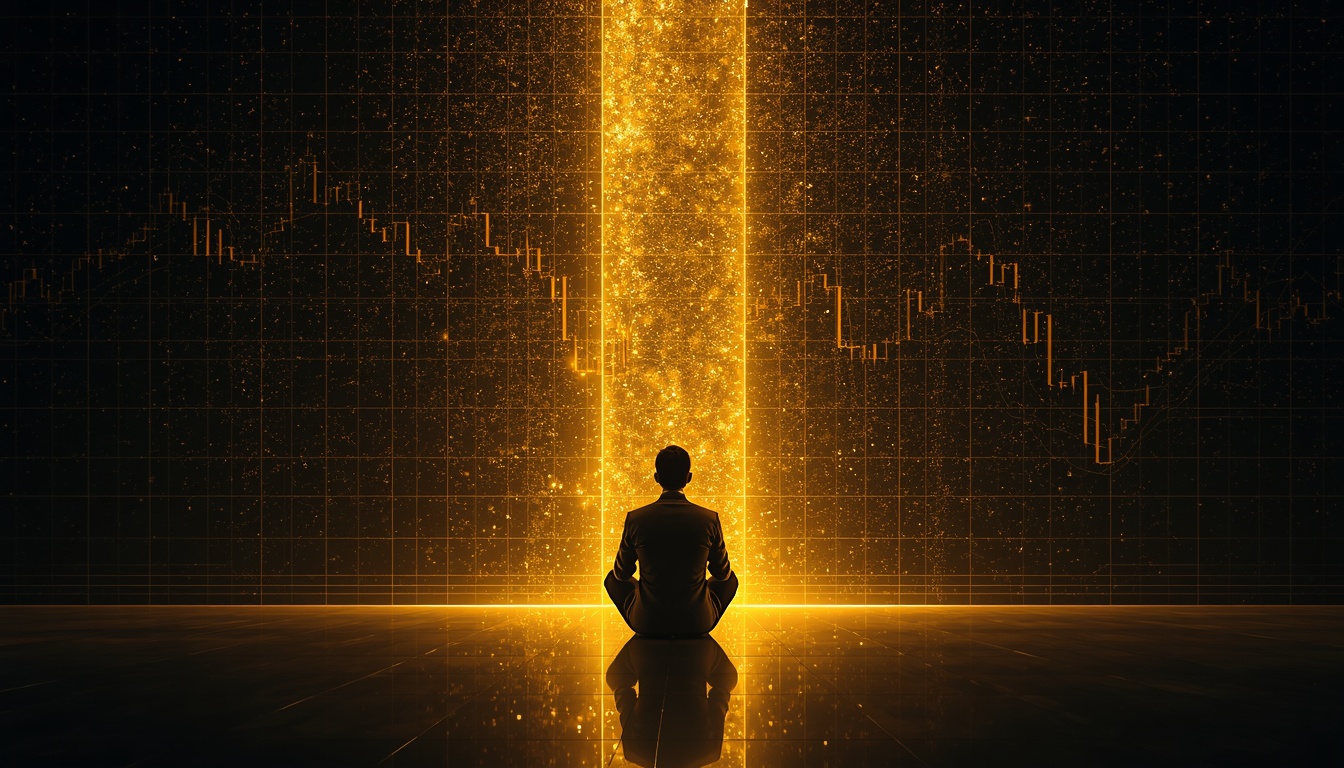 A calm person analyzing market charts in a dark, chaotic environment with a guiding light.