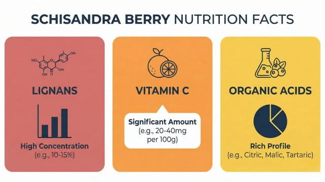 오미자 주요 성분 인포그래픽 - 리그난, 비타민C, 유기산 함량 표시