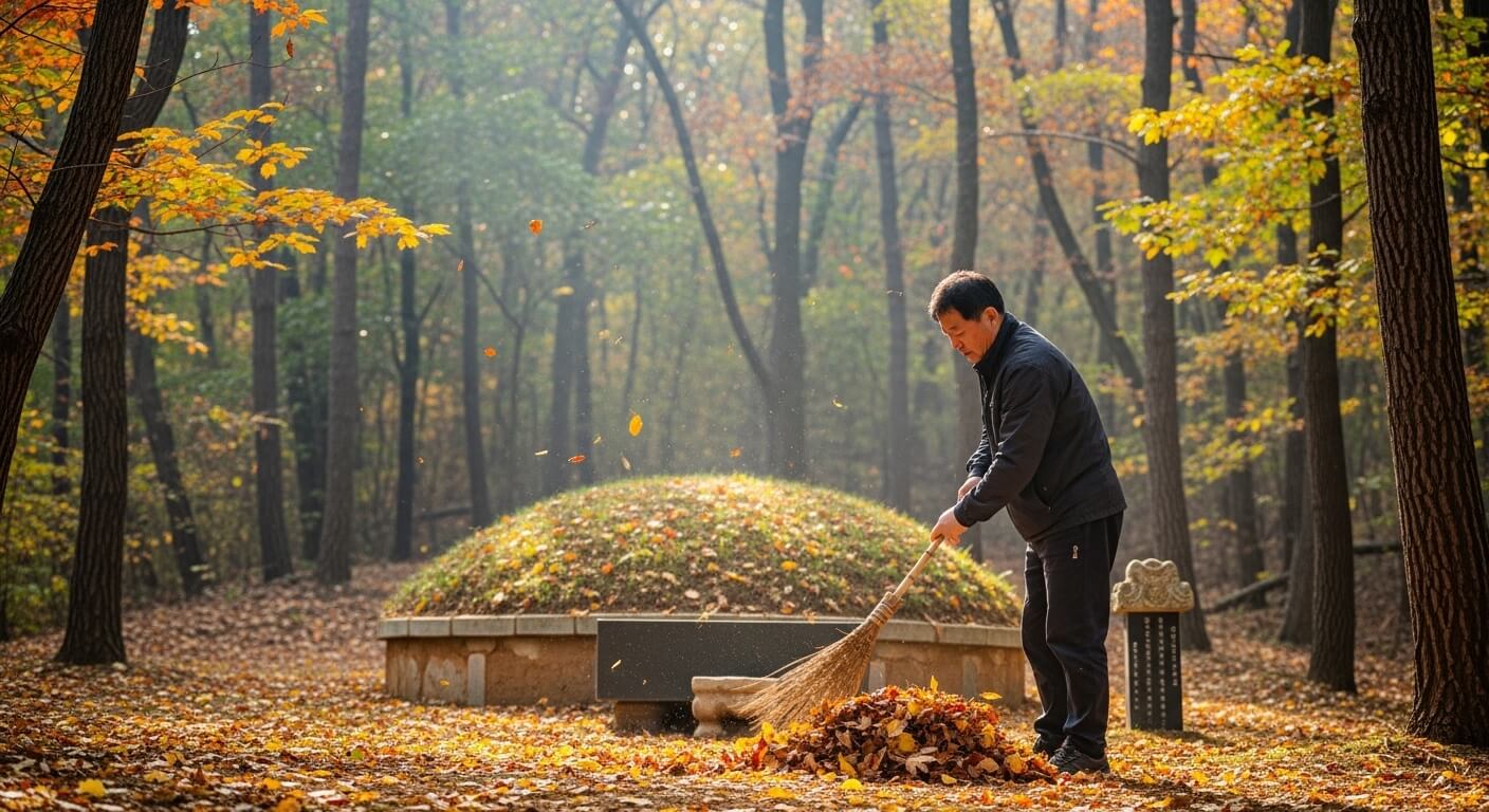 숲속 봉분 묘지 앞에서 낙엽을 쓸어 모으는 남성