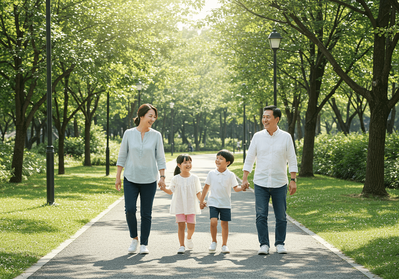 햇살 가득한 공원길에서 한국의 평범한 4인 가족이 손을 잡고 함께 웃으며 걸어가는 모습. 따뜻하고 희망적인 분위기를 담은 장면.
