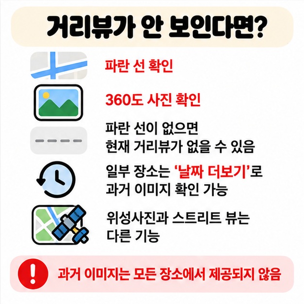 파란 선이 없으면 거리뷰가 제공되지 않을 수 있고 일부 장소는 날짜 더보기로 과거 거리 사진을 볼 수 있다는 팁 카드