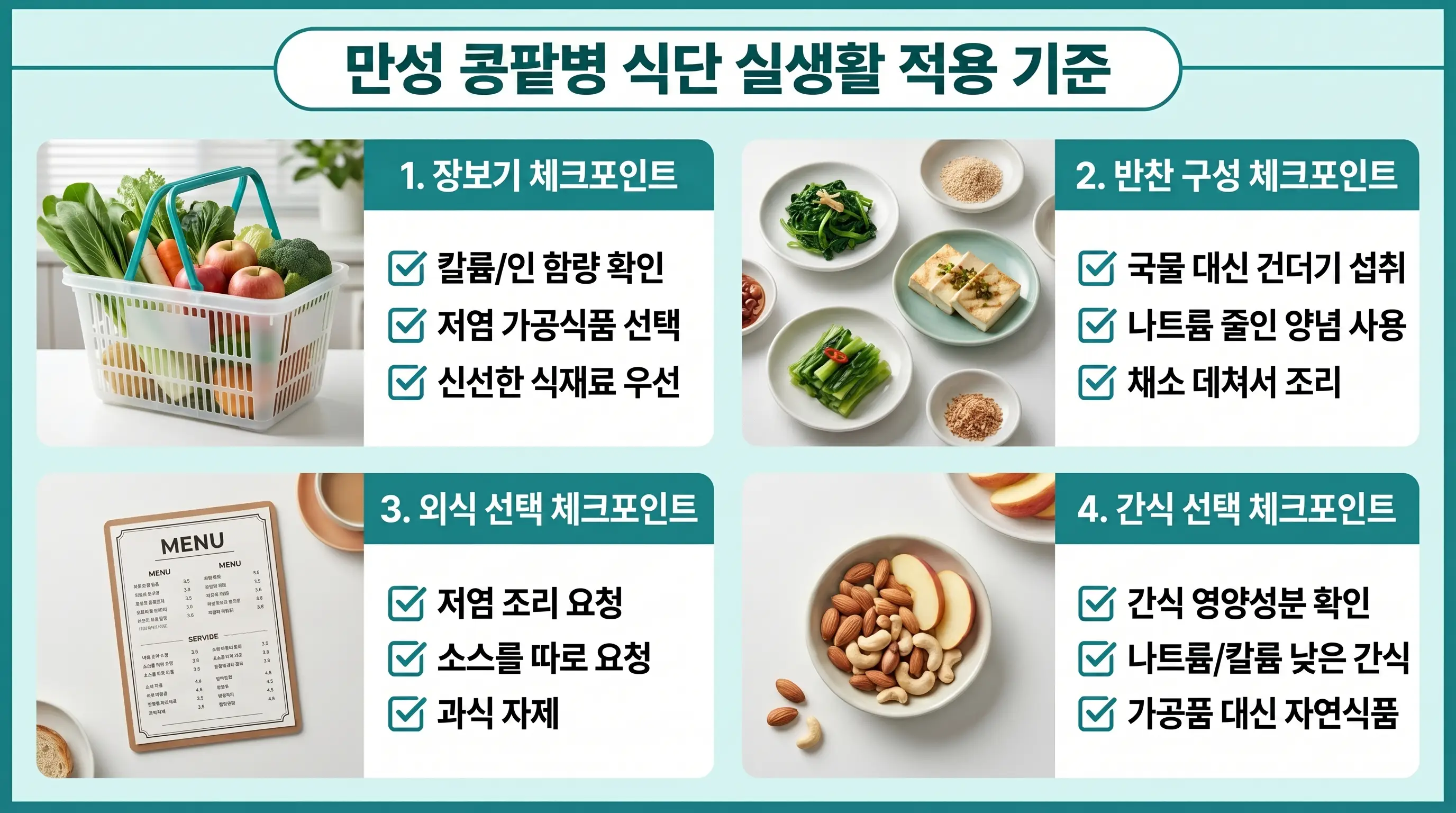 만성콩팥병 식단에서 장보기 반찬 외식 간식 기준을 확인하는 이미지