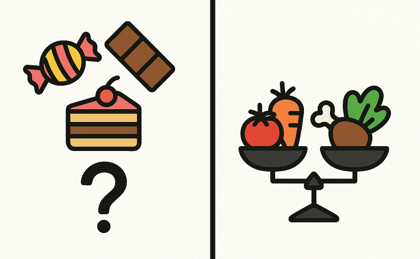 사탕, 초콜릿, 케이크, 다른 쪽에는 균형 잡힌 식단