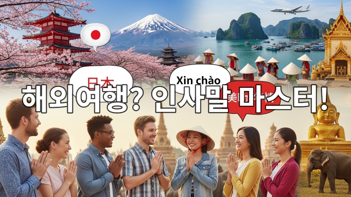 일본, 베트남, 태국의 상징적인 풍경과 다양한 국적의 사람들이 서로 인사하는 다채로운 해외여행 인사말 컨셉 이미지.
