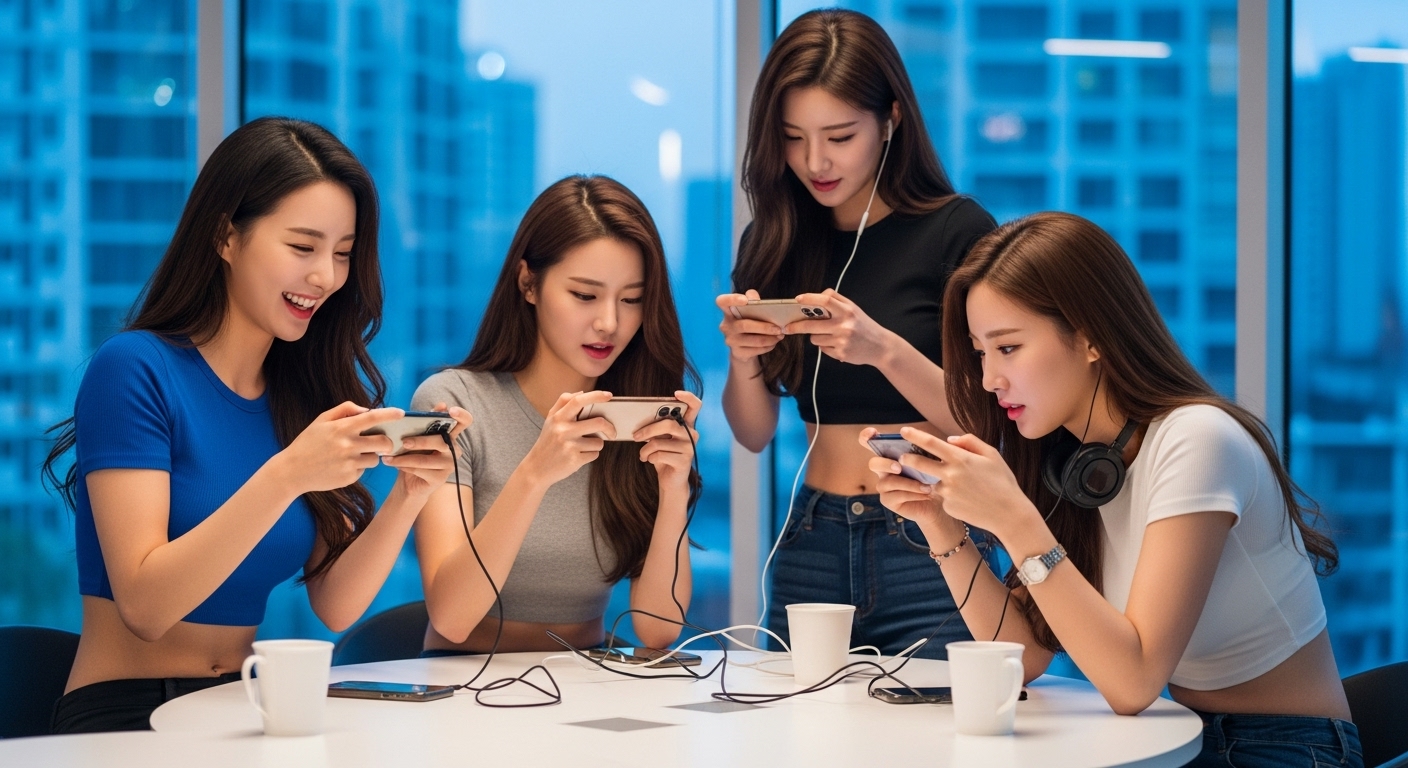 모바일 게임을 하는 여자들