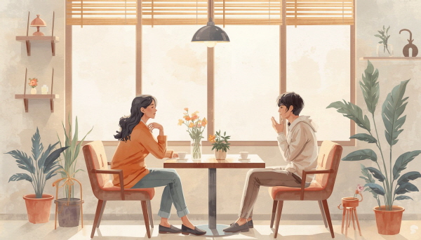억지로 끌고 가는 관계보다, 솔직하고 편안한 관계. 눈치보다 직접 말할 수 있는 분위기 안에서 ESTP는 마음의 경계를 낮춘다에 관한 그림입니다.