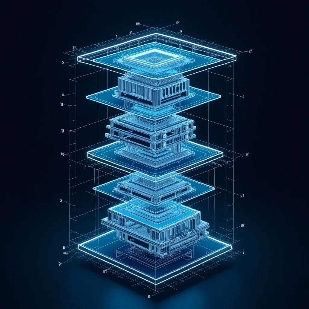 실시간 양자오류정정: 크라이오스탯(희석 냉동기) 구조를 층층이 펼친 폭발도 설계도 이미지. 네이비 배경에 네온 시안 라인으로 정밀 부품을 미래적 분위기와 색감으로 나타낸 고해상도 블루프린트&#44;