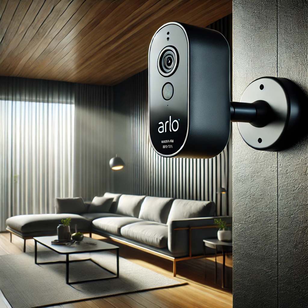 Arlo 무선 보안 카메라가 현대적인 거실 벽에 설치된 모습&amp;#44; 컴팩트한 디자인과 4K 렌즈가 특징&amp;#44; 큰 창문으로 들어오는 자연광과 세련된 가구로 구성된 스마트홈 환경을 강조
