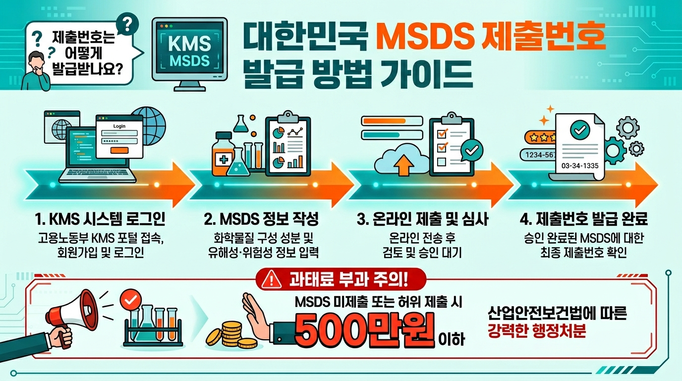 MSDS 제출번호 받는 법 &mdash; KMS 시스템 제출부터 기재까지 4단계 3분 정리 인포그래픽