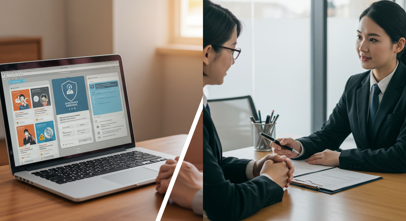 온라인과 오프라인 보험 가입 비교 일러스트