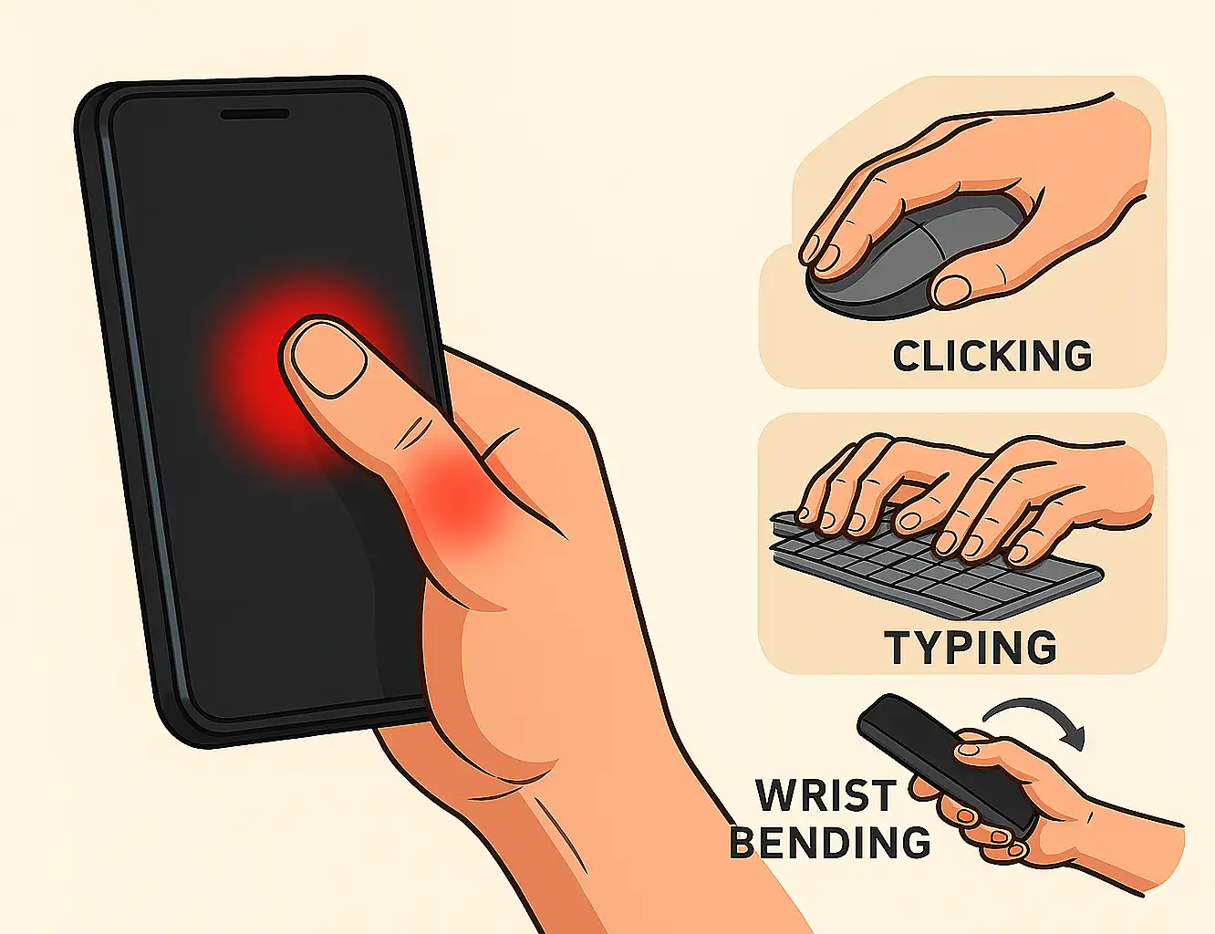 스마트폰을 장시간 사용하는 사람의 손가락 클로즈업, 손가락 마디 부위에 빨간 통증 강조 효과, 마우스 클릭, 타이핑, 손목 꺾임 등 반복 동작을 하는 장면