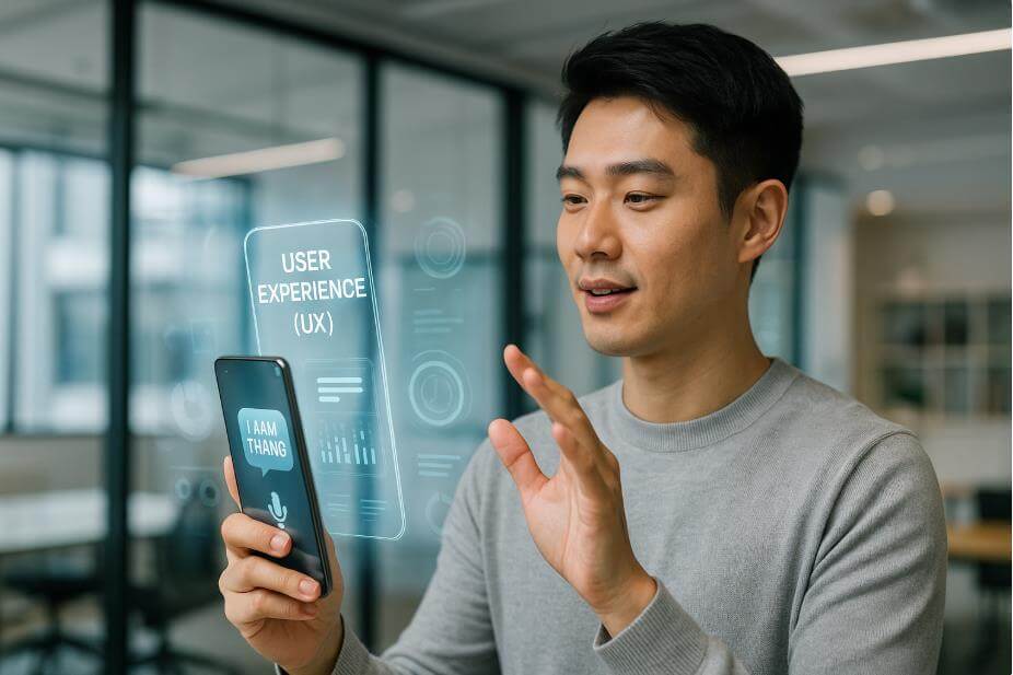 AI 어시스턴트가 스마트폰 UX를 재정의하는 미래형 장면