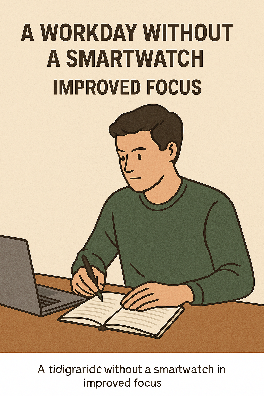 초록색 상의를 입은 남성이 노트북 옆에서 노트에 집중하며 글을 쓰고 있다. 화면 상단에는 "A WORKDAY WITHOUT A SMARTWATCH &ndash; IMPROVED FOCUS"라는 문구가 적혀 있다.
