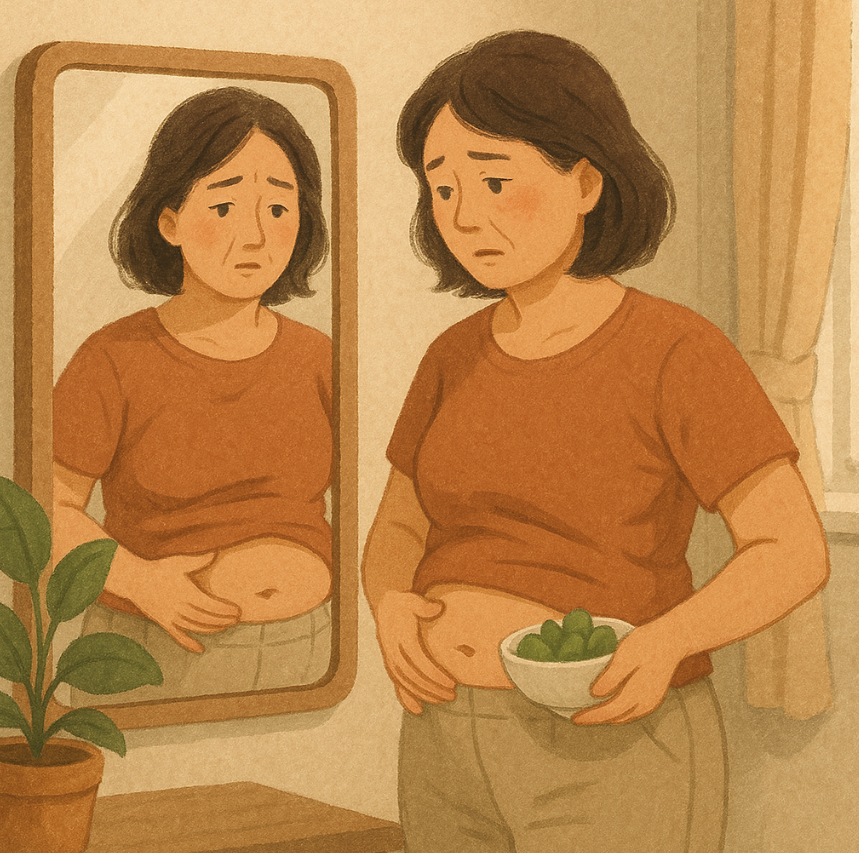 중년 여성이 거울을 보면서 본인의 복부비만을 상기하는 일러스트