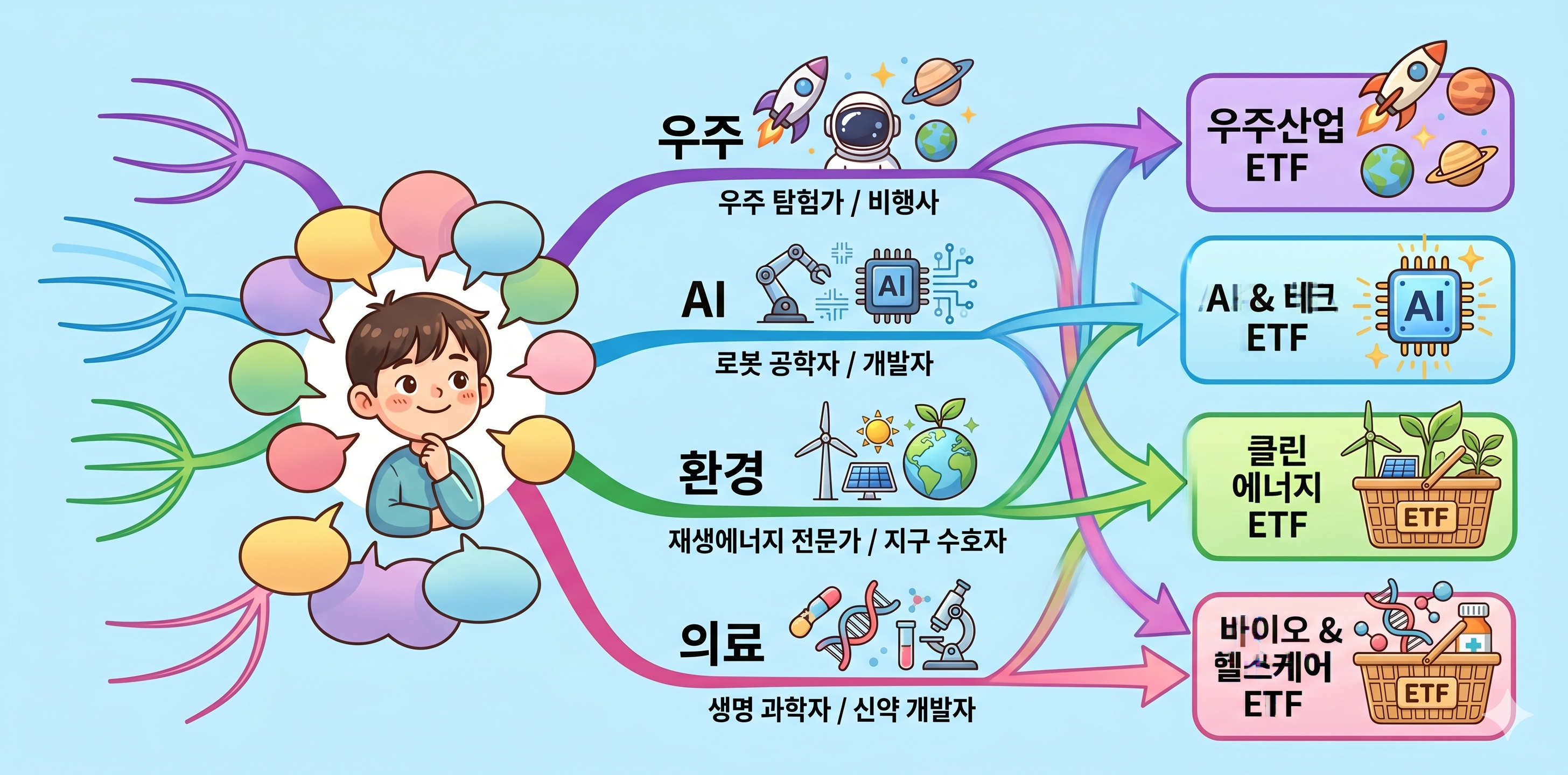 자녀 꿈과 성장 산업 ETF 연결 지도 인포그래픽